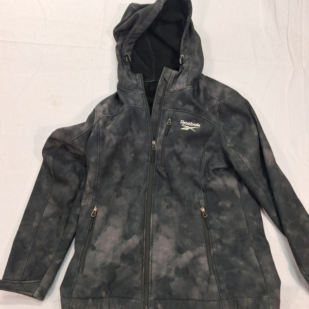 Reebok Jacket Womens M Softshell Grey Black Cloud Tie Dye Full Zip Hooded EUC